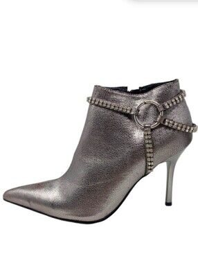 Penthouse Stiletto Ankle Boots Booties Silver Cackle Effect Chain Strap, Sz 9